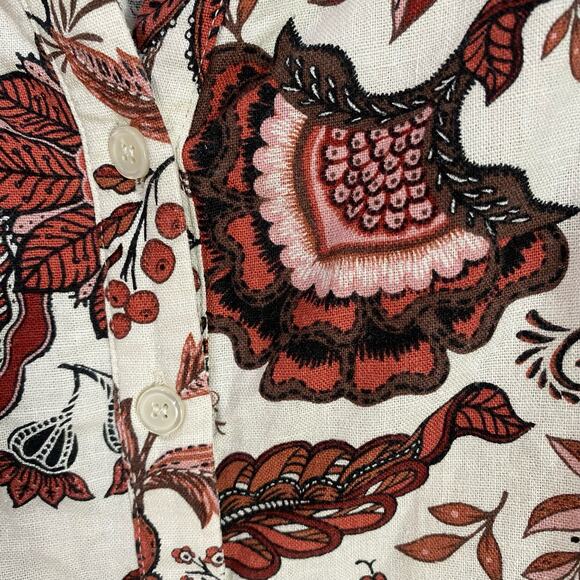 Joie Floral Red & Cream Linen Blend Balloon Sleeve Button Up Blouse Size M - Picture 7 of 10